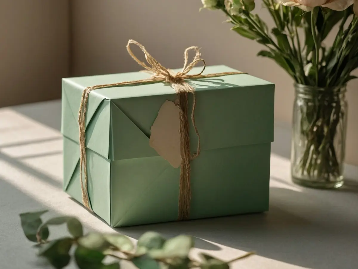 Caixa de presente verde amarrada com barbante ao lado de um vaso de flores